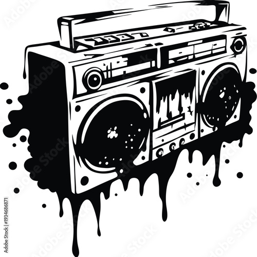 Classic boombox oozes urban style with dripping black paint highlighting retro musical vibes