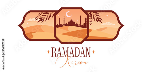 Ramadan Kareem Vector Greeting Card or Badge Template. Social Media Banner, Poster Ramadan Layout Crescent Moon in a Geometrical horizontal Cartouches.