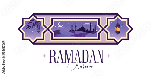 Ramadan Kareem Vector Greeting Card or Badge Template. Social Media Banner, Poster Ramadan Layout Crescent Moon in a Geometrical horizontal Cartouches.
