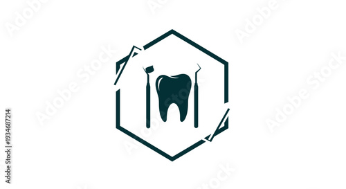 Dental Care Logo Featuring Tooth, Tools, and Geometric Frame for Medical Branding