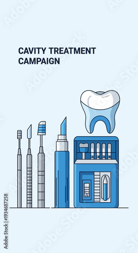 Dental Cavity Treatment Campaign Depicting Tools and Healthy Tooth for Advertisement Purposes