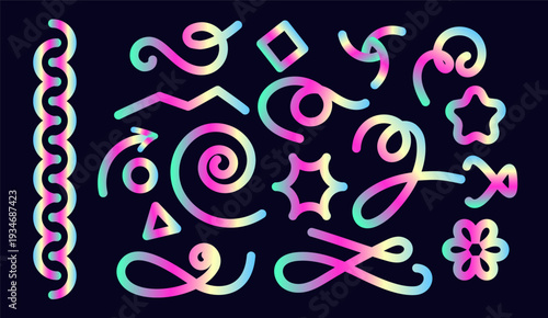 Set  graphic neon shapes to decorate projects, create logos, interface elements, black background, vector