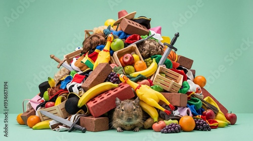 Hamster buried under a pile of random objects on mint green background, hoarding and clutter concept