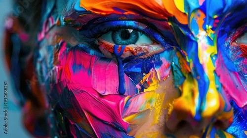 Vibrant paint swirls cascade over a human eye. Color floods skin with bold, expressive strokes. Artistic chaos dances across facial features. Muted blue background contrasts vivid pigment