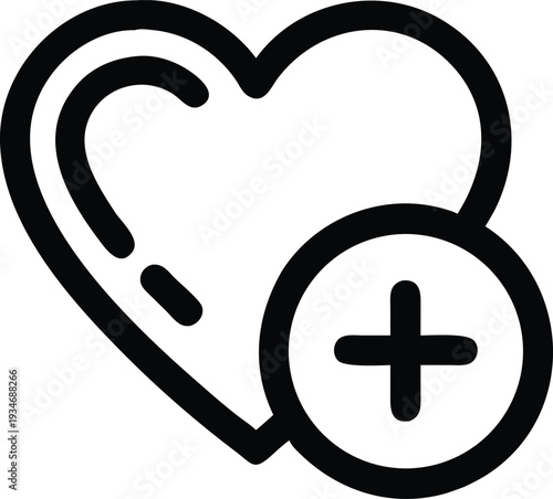 Black heart icon shows a plus symbol indicating addition in a circle