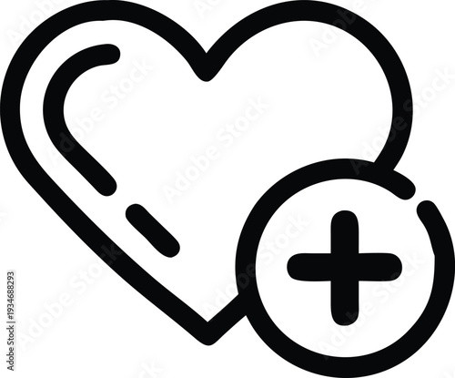 Black outline depicts a heart with plus symbol inside circle on white background