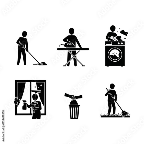 Minimalist Vector Icon Set Illustrating Essential Household Chores and Domestic Cleaning Activities Such as Mopping, Ironing, Laundry, Window Washing, Waste Disposal, and Sweeping