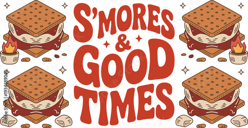 S'mores and Good Times Retro Typographic Illustration with Graham Cracker Sandwiches and Campfire Icons