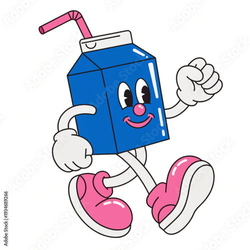 Cartoon blue milk carton character walking with a pink straw and shoes in a retro style Vector, illustration
