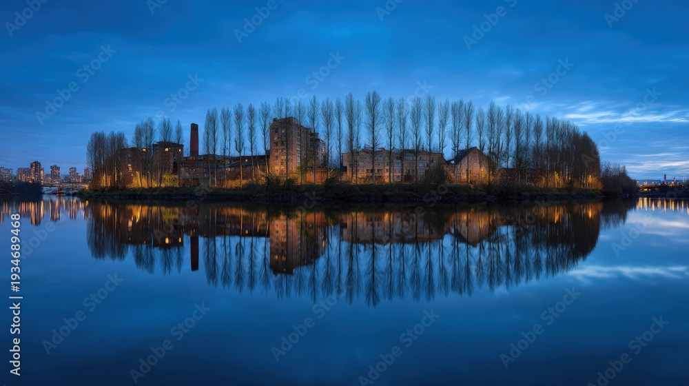 Naklejka premium Reflective Water Surface Mirroring Giant Floating Forest Lungs Above Polluted Riverside Factory