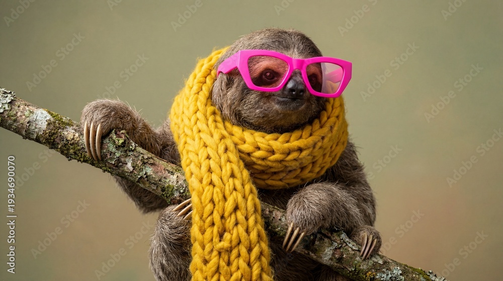 Obraz premium Funny sloth wearing pink glasses and yellow scarf perched on a branch.