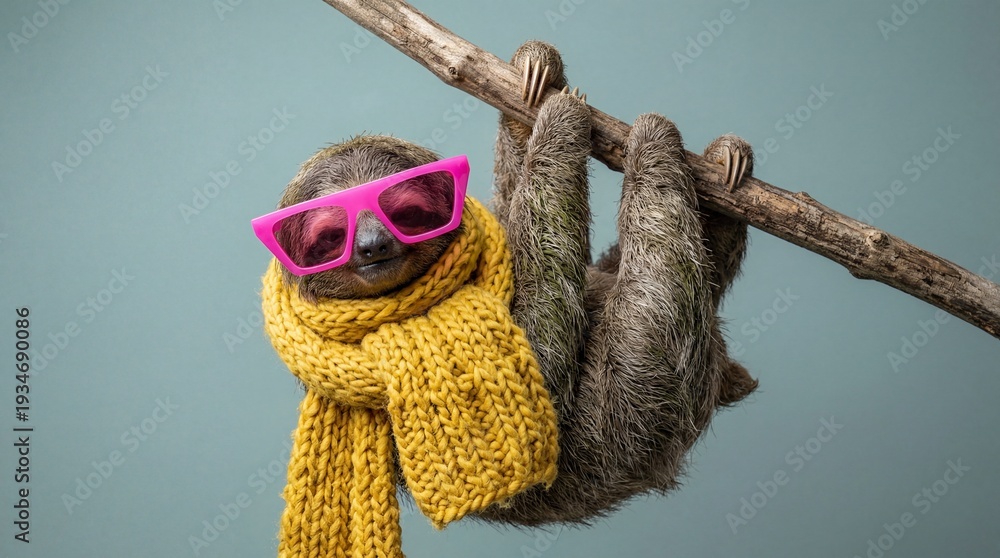 Fototapeta premium Funny sloth wearing pink sunglasses and yellow scarf hanging on a branch.