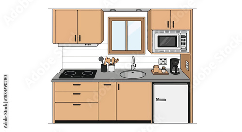 Line drawing of a small kitchen with light wood cabinets and appliances on a gray countertop against a white background.
