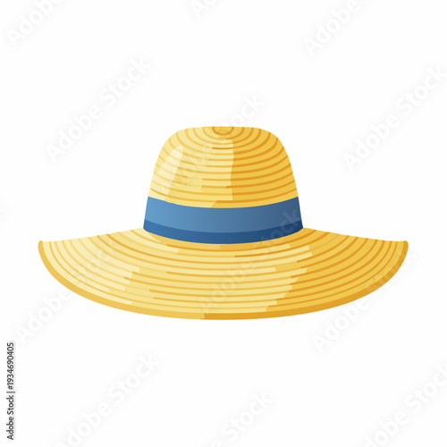 Summer straw hat with blue ribbon brim isolated illustration design.