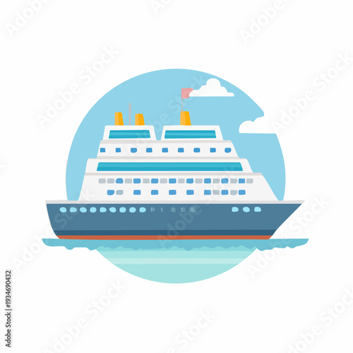 Cruise ship illustration sailing the sea with blue sky and stylized clouds in a circle