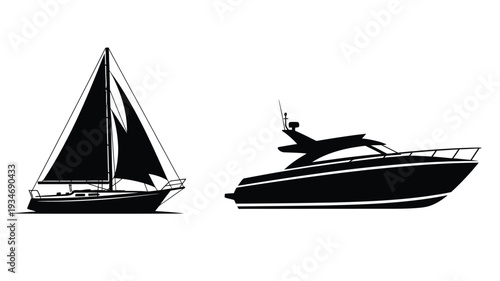 Sailing boat and motor yacht displayed as a striking silhouette