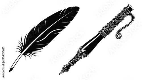 Elegant feather and ornate pen depicted in a dark silhouette