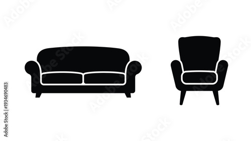 Black furniture set including sofa and armchair simple silhouette