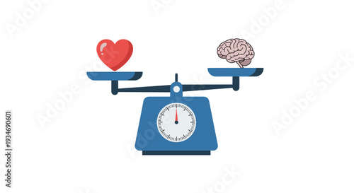 A blue weighing scale with a dial displays a red heart on its left pan and a light brown brain on its right, with the heart appearing heavier.