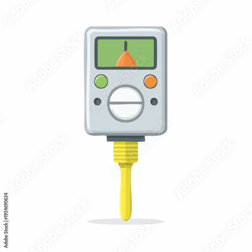 Cartoon-style electronic device with digital display, cable and buttons, illustration