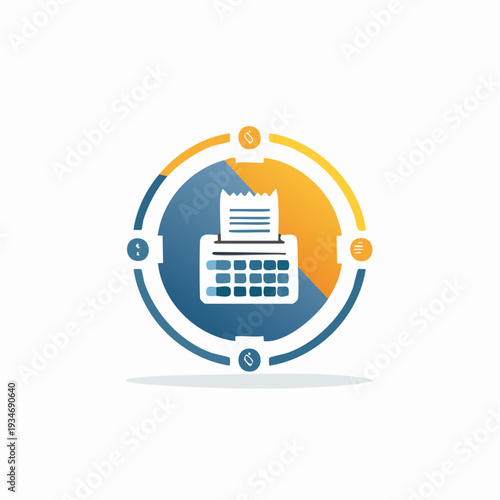 Cash register icon with financial circle, receipt, and money symbols