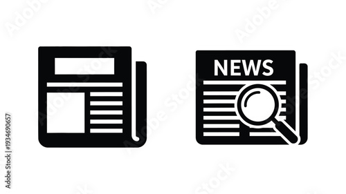 Two newspaper icons one with a magnifying glass in black silhouette