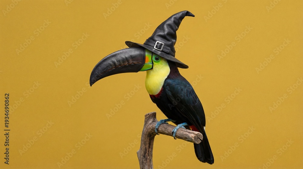 Naklejka premium Quirky toucan bird wearing a black witch hat perched on a yellow background.