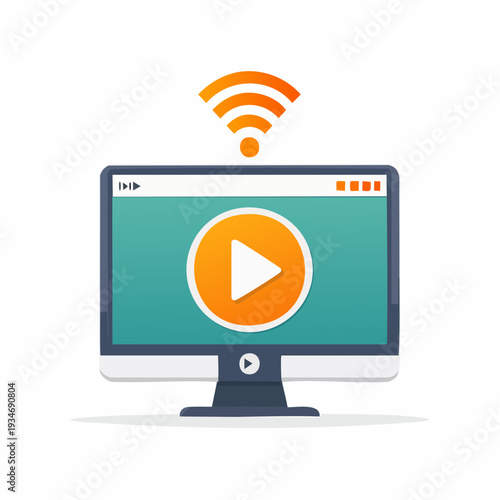 Desktop computer with media play button on screen and wireless internet connection symbol.