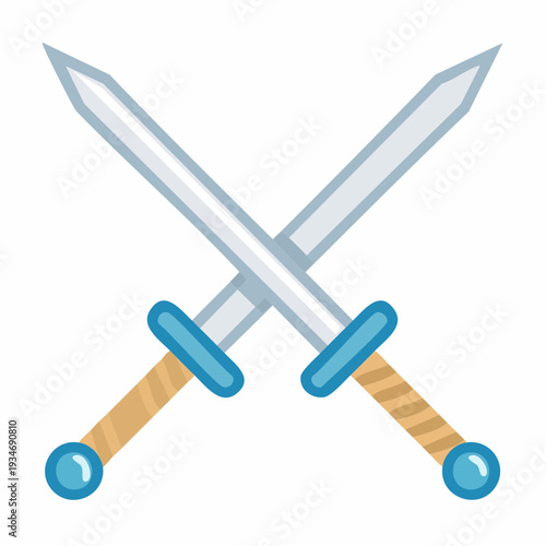 Cartoon illustration of two crossed swords with blue and tan details, isolated.