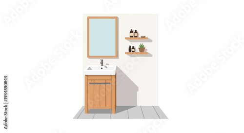 Illustration of a bathroom interior with a wooden vanity, sink, and mirror against a white wall with two shelves.