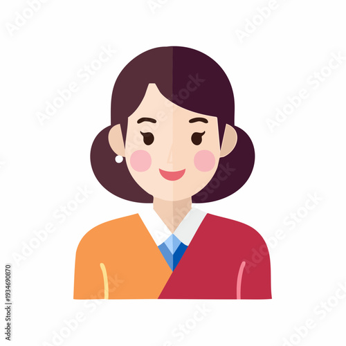 Stylized illustration of a smiling woman with brunette hair in a colorful outfit