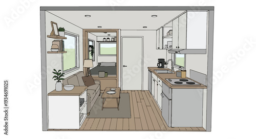 Interior illustration of a compact kitchen and dining area with white cabinets, wood countertops, and a small dining table in a cozy, modern home with a minimalist aesthetic.