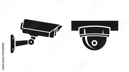 Two security cameras in a flat black graphic silhouette