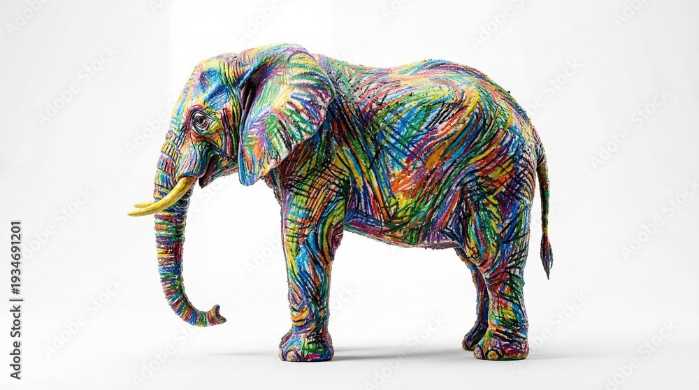 Obraz premium Vibrant painted elephant with colorful abstract patterns on white background