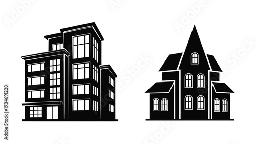 Two detailed victorian houses depicted in a stark black silhouette