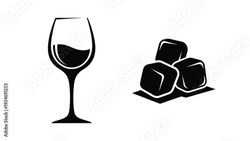 A dark wine glass and ice cubes depicted in black silhouette