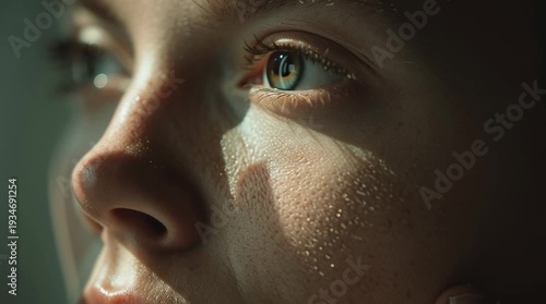 Ultra close-up young woman applying moisturizer cream her face slow motion, natural morning sunlight streaming window skin textures glowing light skin, fine dust particles air, cinematic shallow depth