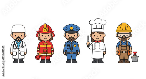 Five diverse cartoon-style professionals, including a doctor, firefighter, police officer, chef, and construction worker, are standing against a plain white background.