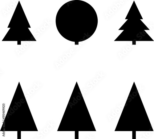 Minimal Tree Silhouette Set – Black Pine and Round Tree Icons Collection