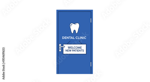 Dental Clinic Entrance Sign Welcoming New Patients, Blue Door and Tooth Icon, Vector Illustration