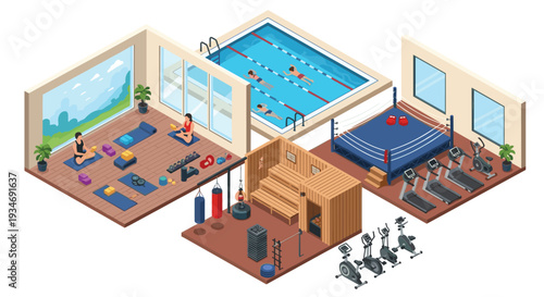 An isometric illustration displays a fitness center with a yoga room, swimming pool, boxing ring, sauna, and cardio gym equipment.