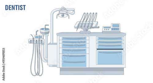 Dental Clinic Setup Illustration Depicting Modern Equipment and Medical Tools
