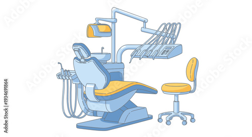 Dental Clinic Setup Illustration Showing Dentist Chair, Equipment, and Stool