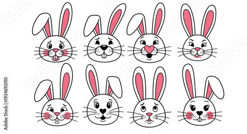 Eight cute white bunny faces show various expressions.