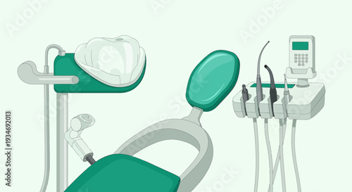 Dental Clinic Illustration Depicting Examination Chair, Instruments and Equipment