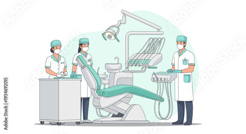 Dental Clinic Illustration Depicting Healthcare Professionals and Modern Treatment Setup