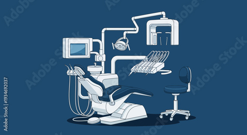 Dental Clinic Illustration Depicting Modern Equipment And Blue Toned Artistic Visual