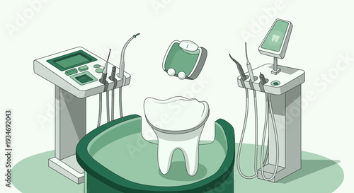 Dental Clinic Illustration Depicting Modern Equipment And Tooth Treatment Process