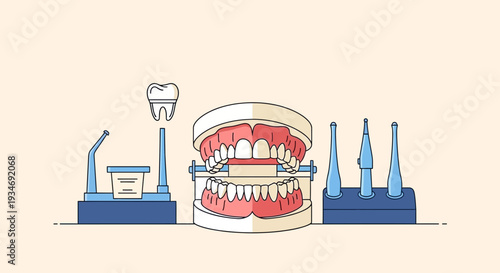 Dental Clinic Tools And Teeth Model Illustration For Health, Medicine And Healthcare