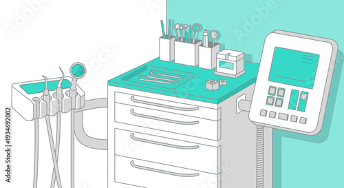 Dental Clinic Workspace Illustration Depicting Tools and Modern Technology for Procedures